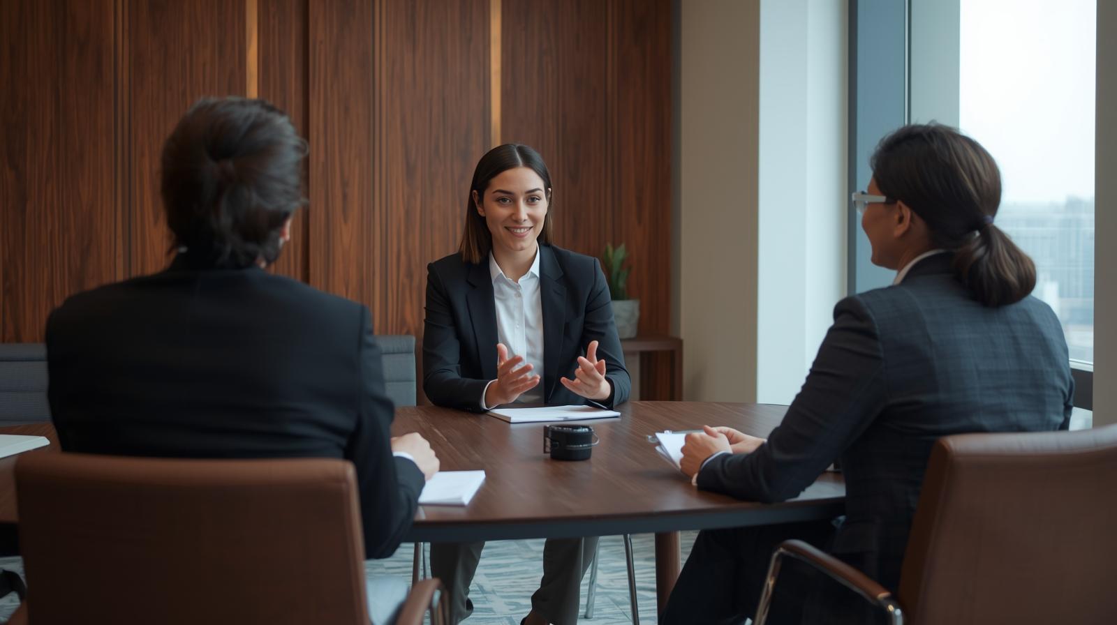 A woman being interviewed by two people